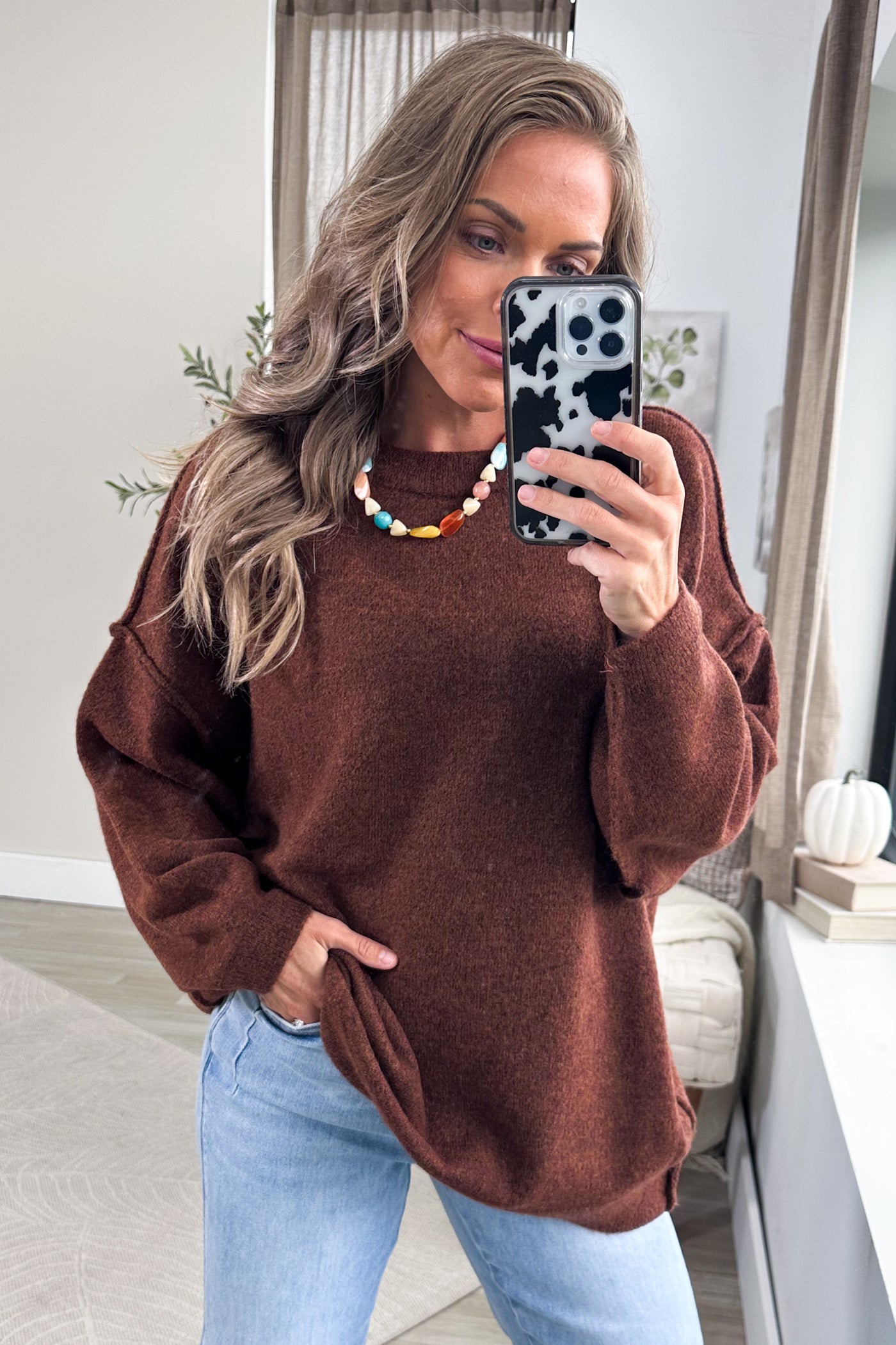 Oversized Round Neck Exposed Seam Sweater