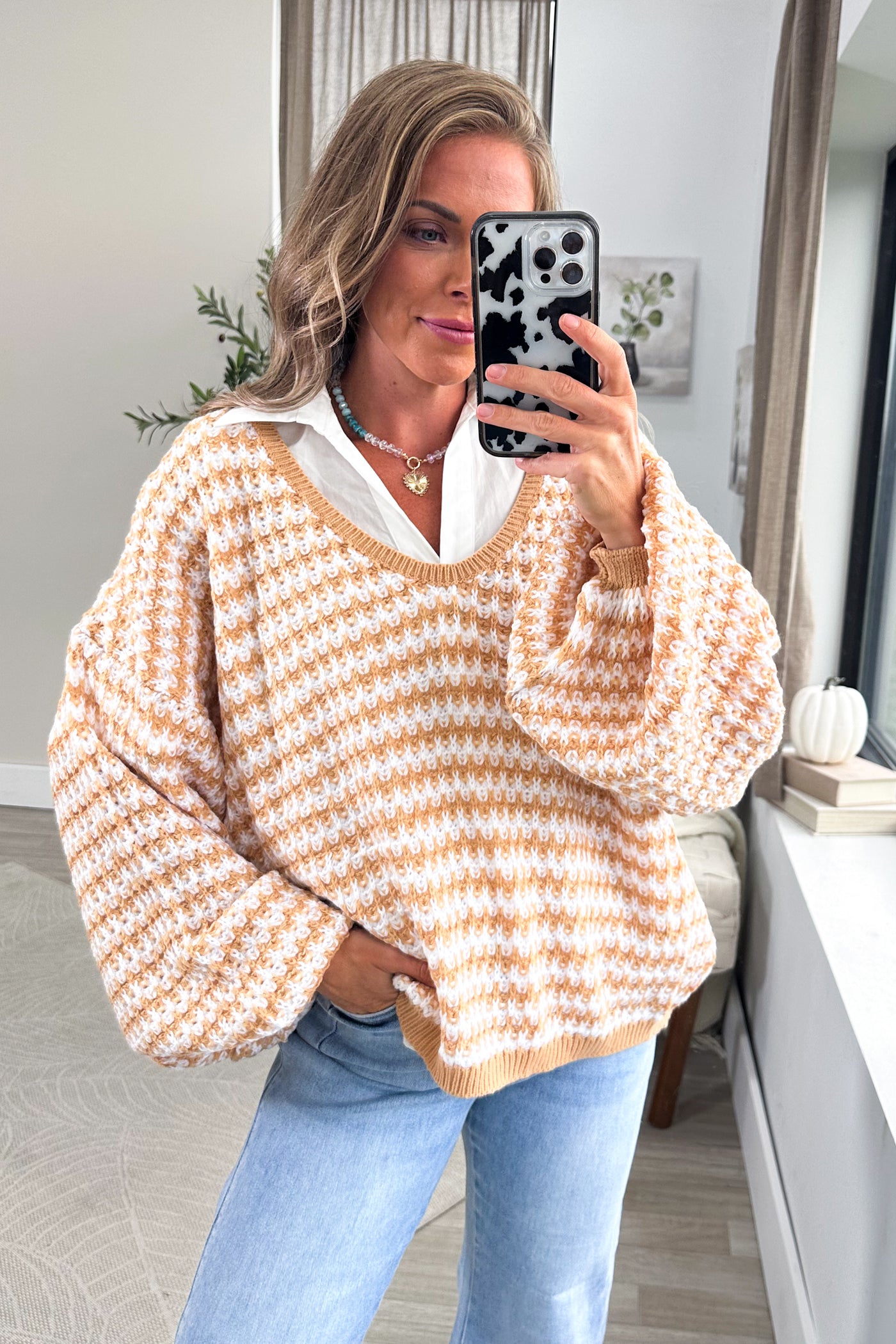 Tan V-Neck Oversized Sweater With Balloon Sleeve