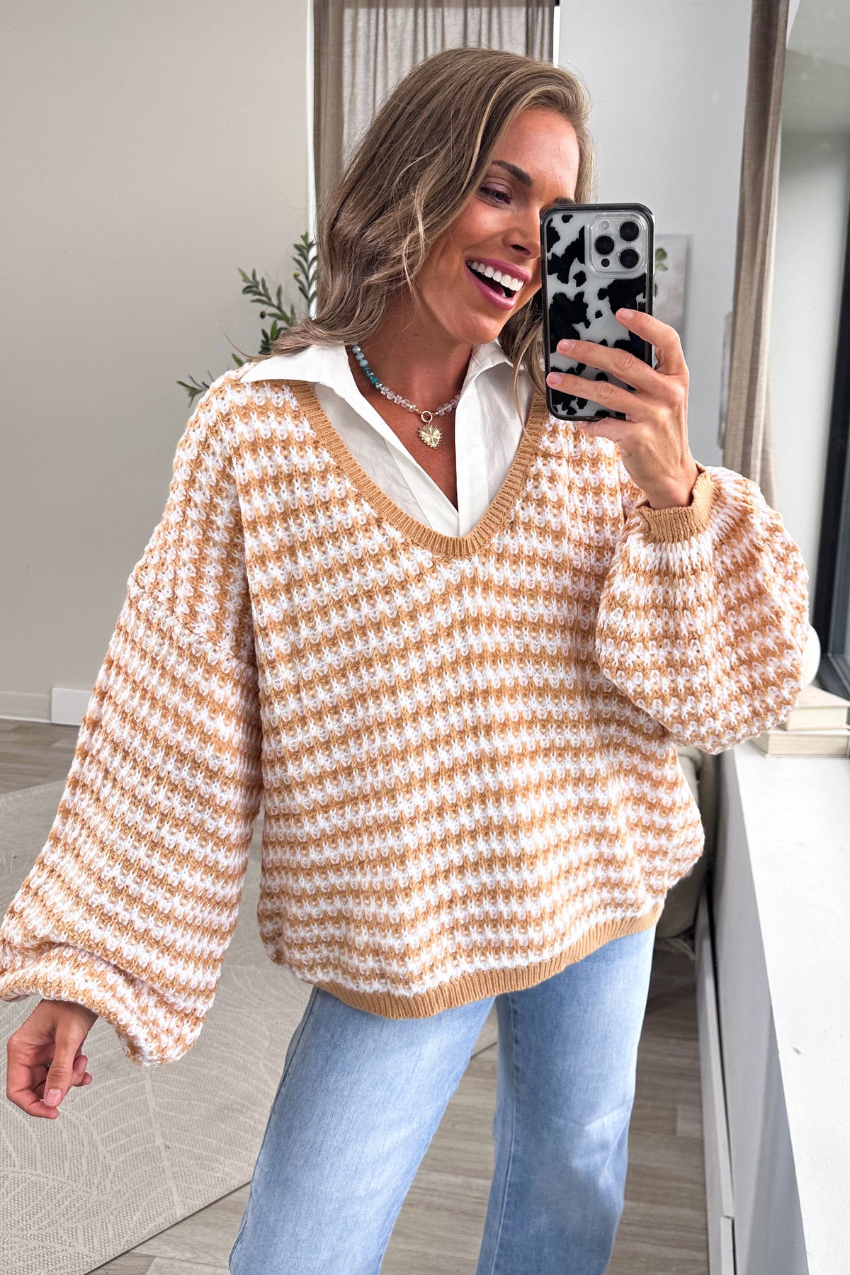 Tan V-Neck Oversized Sweater With Balloon Sleeve