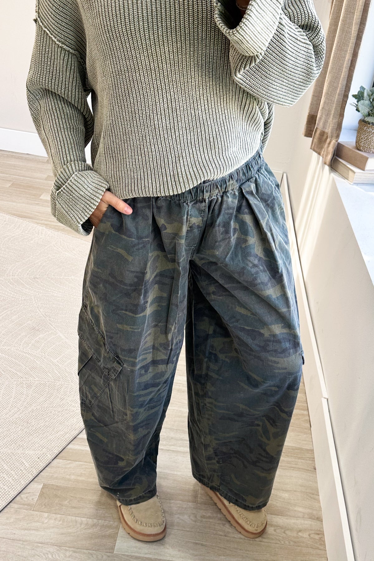 Army Green Camouflage Cargo Pocket Knit Pants