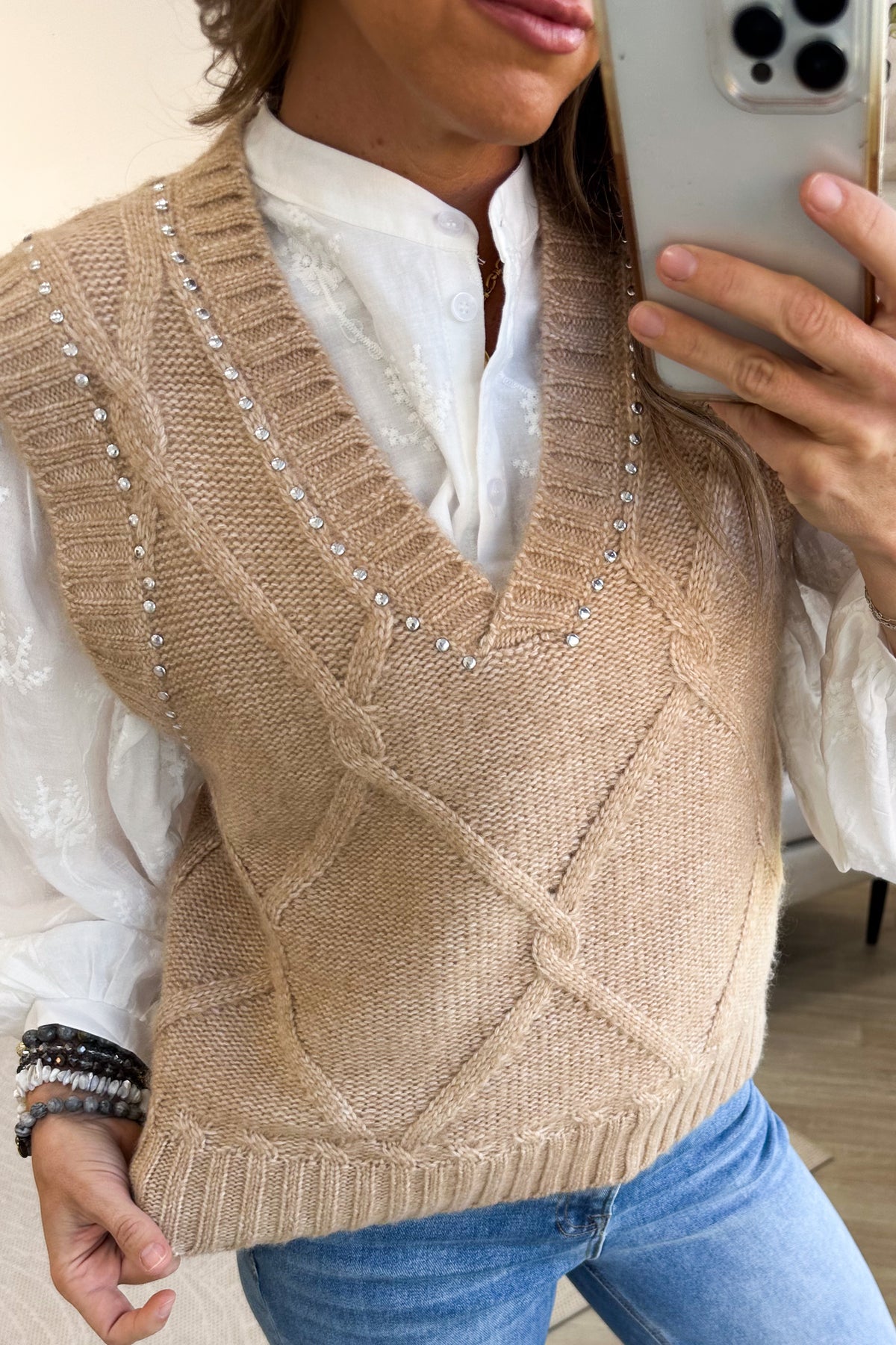 Staccato Tan Stud Trim V-Neck Sweater Vest