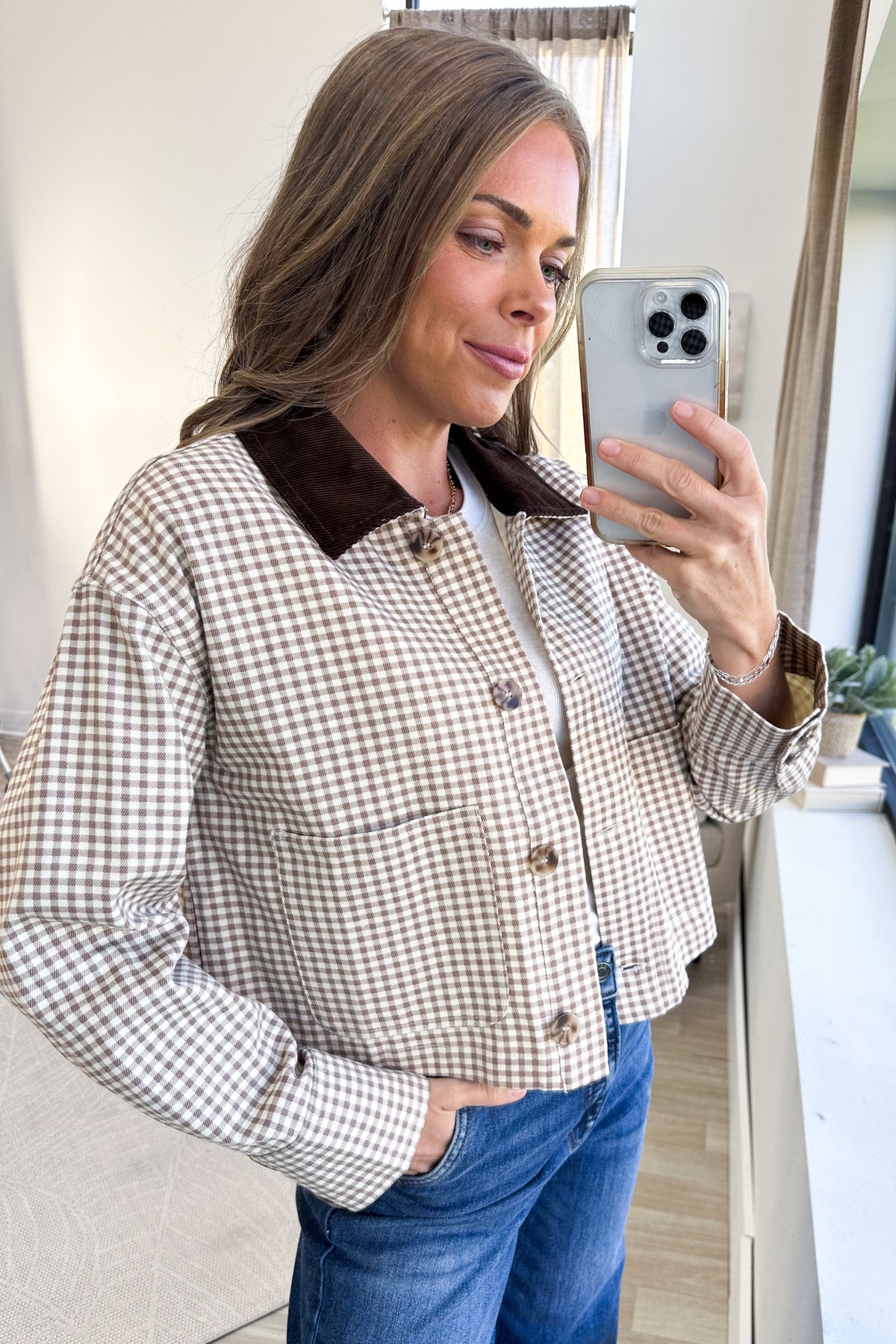 Light Mocha Gingham Print Corduroy Collar Jacket