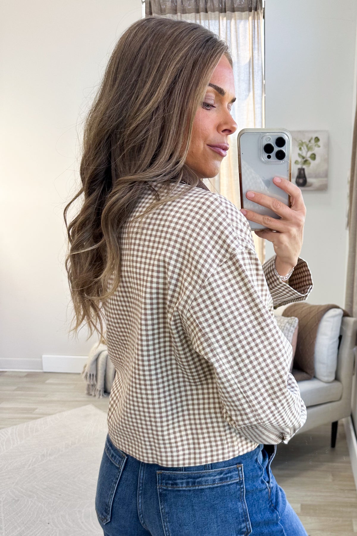 Light Mocha Gingham Print Corduroy Collar Jacket