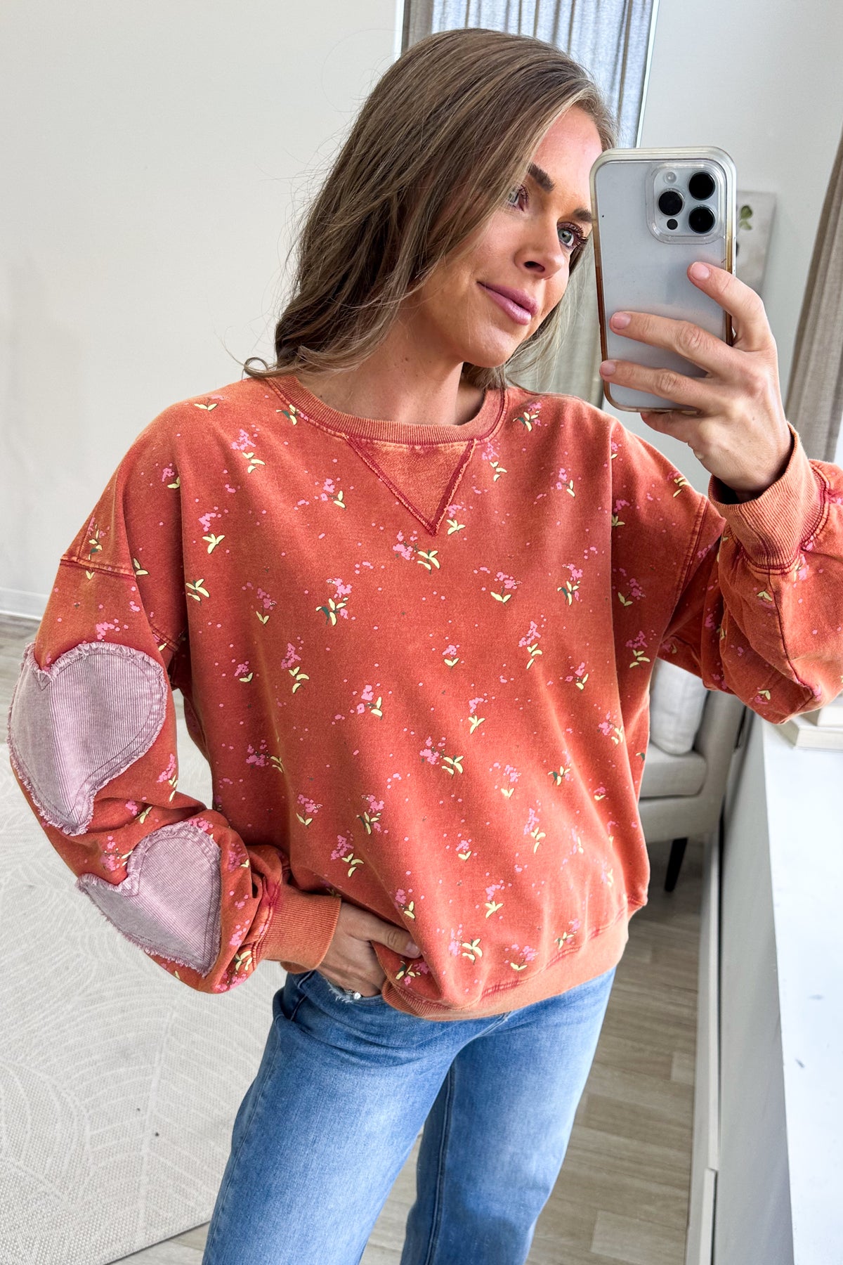 Orange Heart Patch Terry Knit Sweatshirt