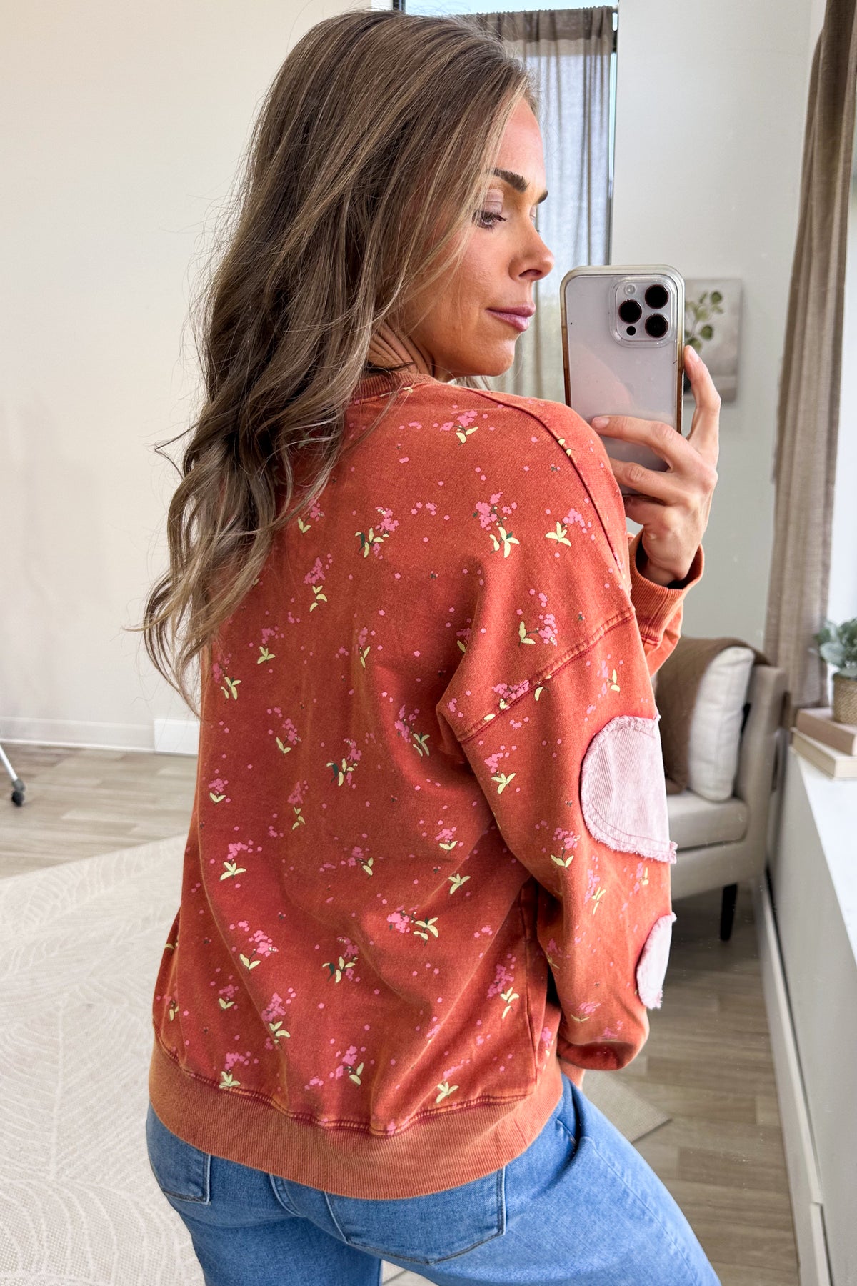 Orange Heart Patch Terry Knit Sweatshirt