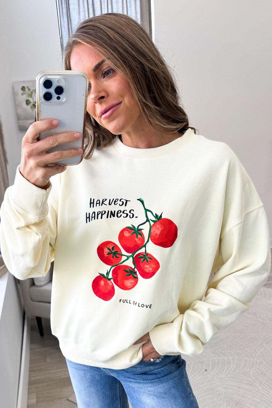 Cream Fruit Printed Graphic Terry Knit Sweatshirt