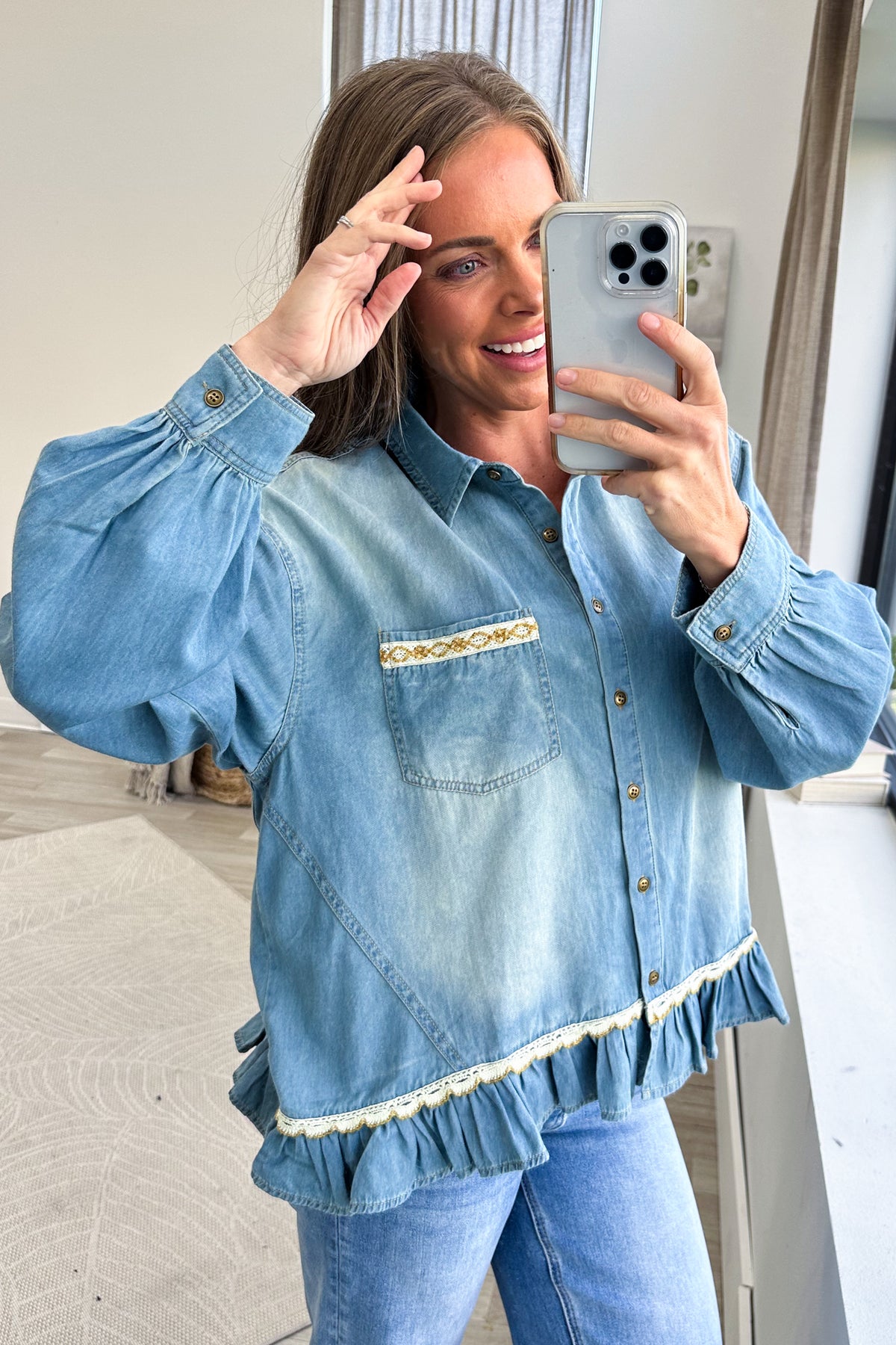 Washed Denim Button Down Ruffle Detail Top