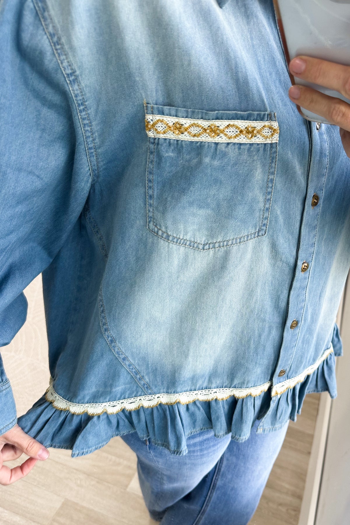 Washed Denim Button Down Ruffle Detail Top
