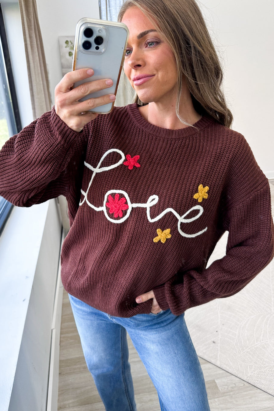 Brown Love Stitch Front Knit Sweater Top