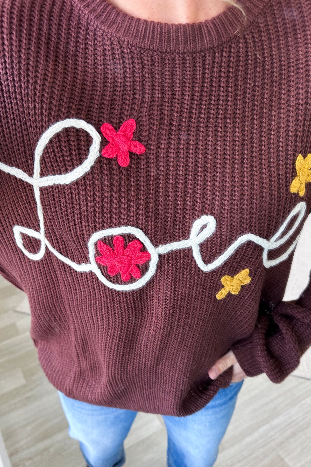 Brown Love Stitch Front Knit Sweater Top