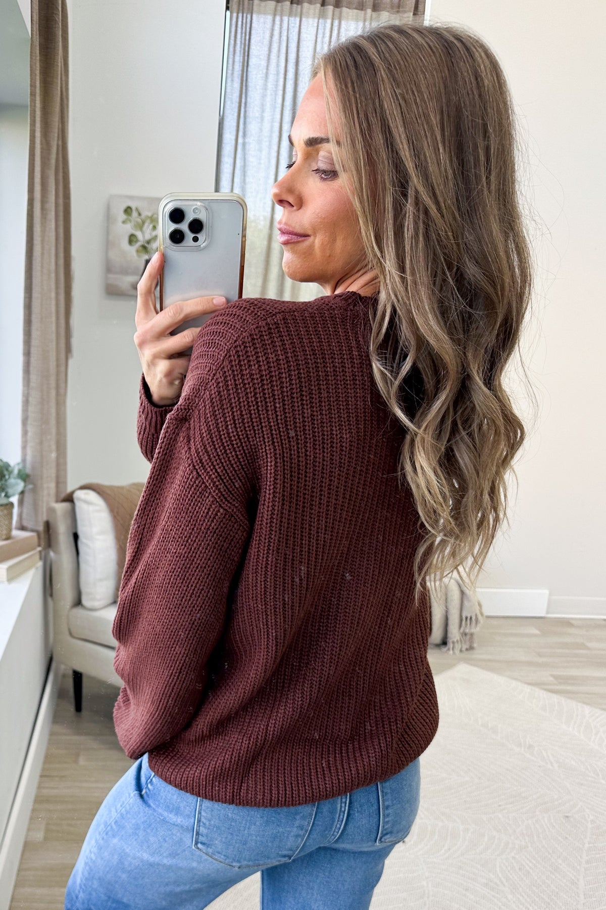 Brown Love Stitch Front Knit Sweater Top