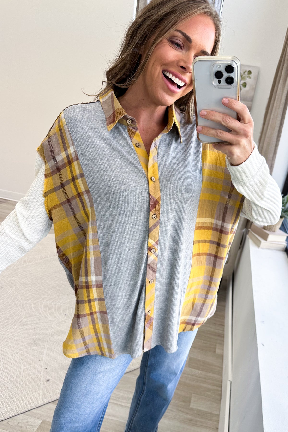 Heather Grey Plaid Mix Knit Button Down Top