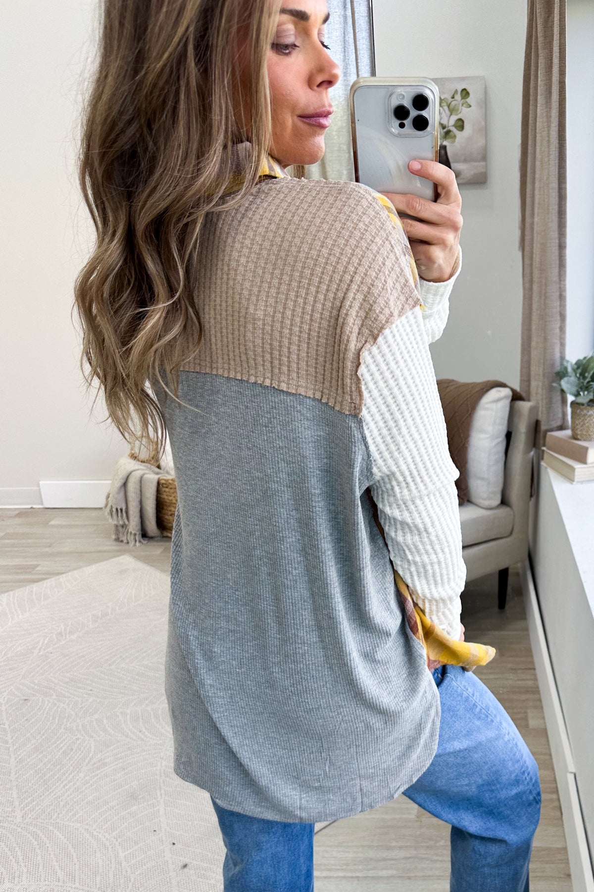 Heather Grey Plaid Mix Knit Button Down Top