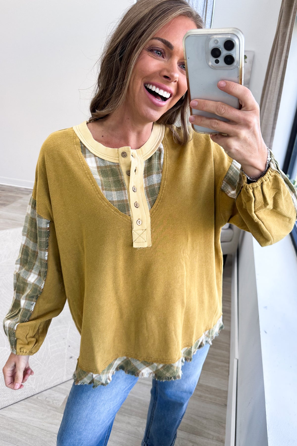 Mustard Plaid Mix Cotton Washed Knit Top