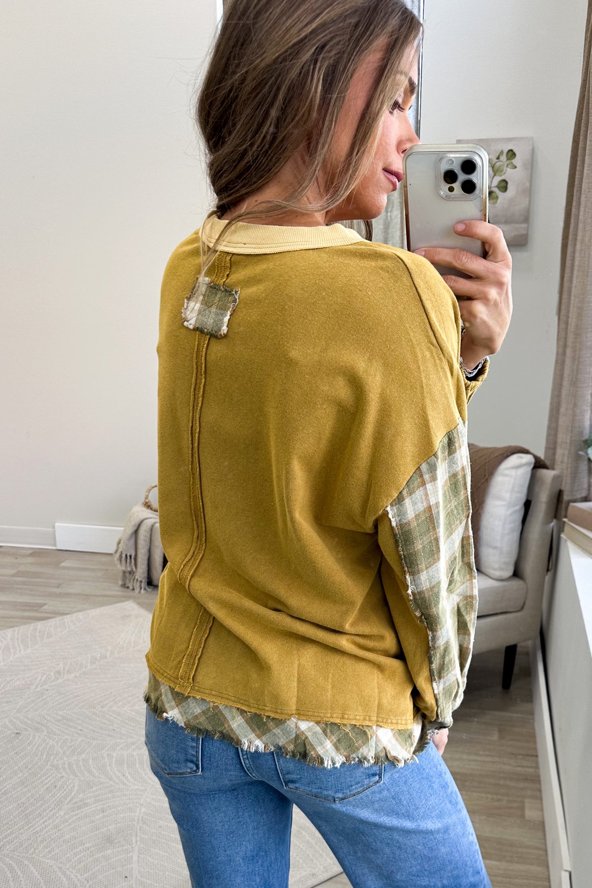 Mustard Plaid Mix Cotton Washed Knit Top