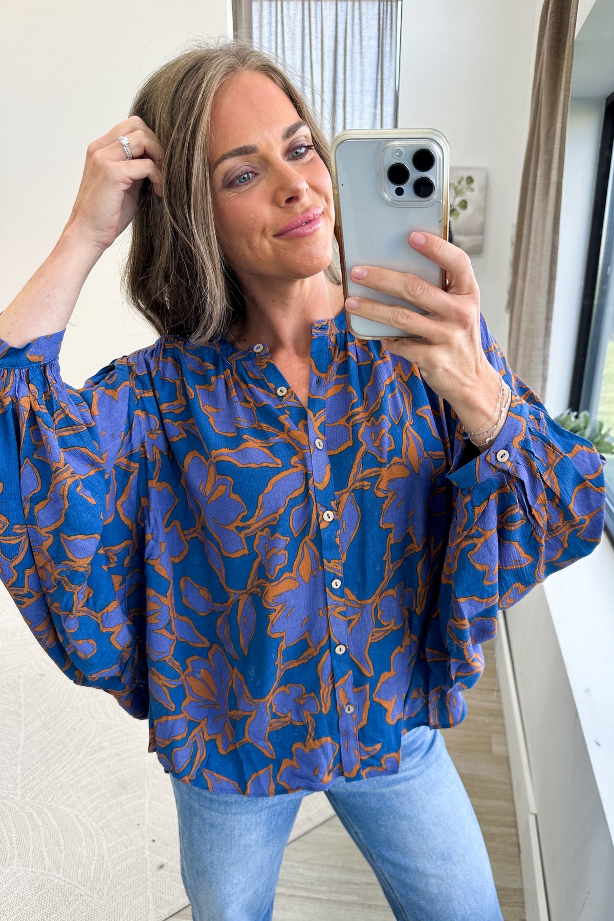 Indigo Dolman Sleeve Printed Woven Top