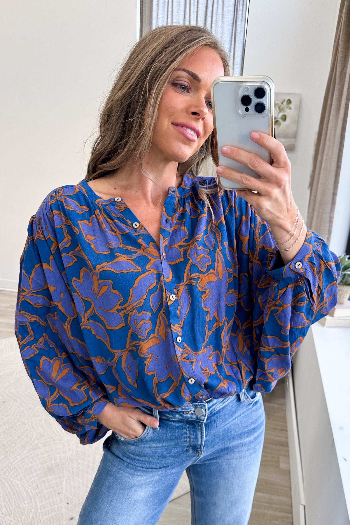 Indigo Dolman Sleeve Printed Woven Top