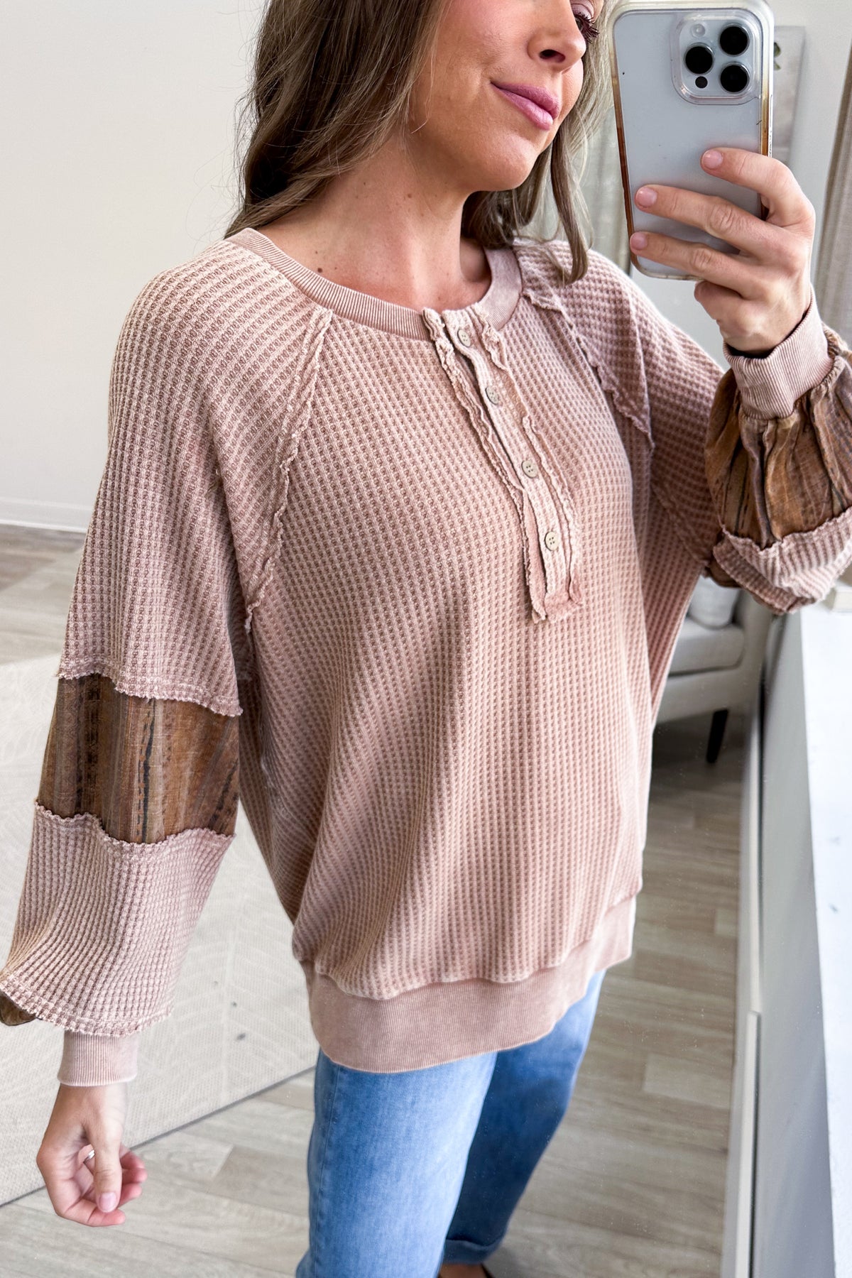 Print Mix Button Front Mineral Thermal Knit Top