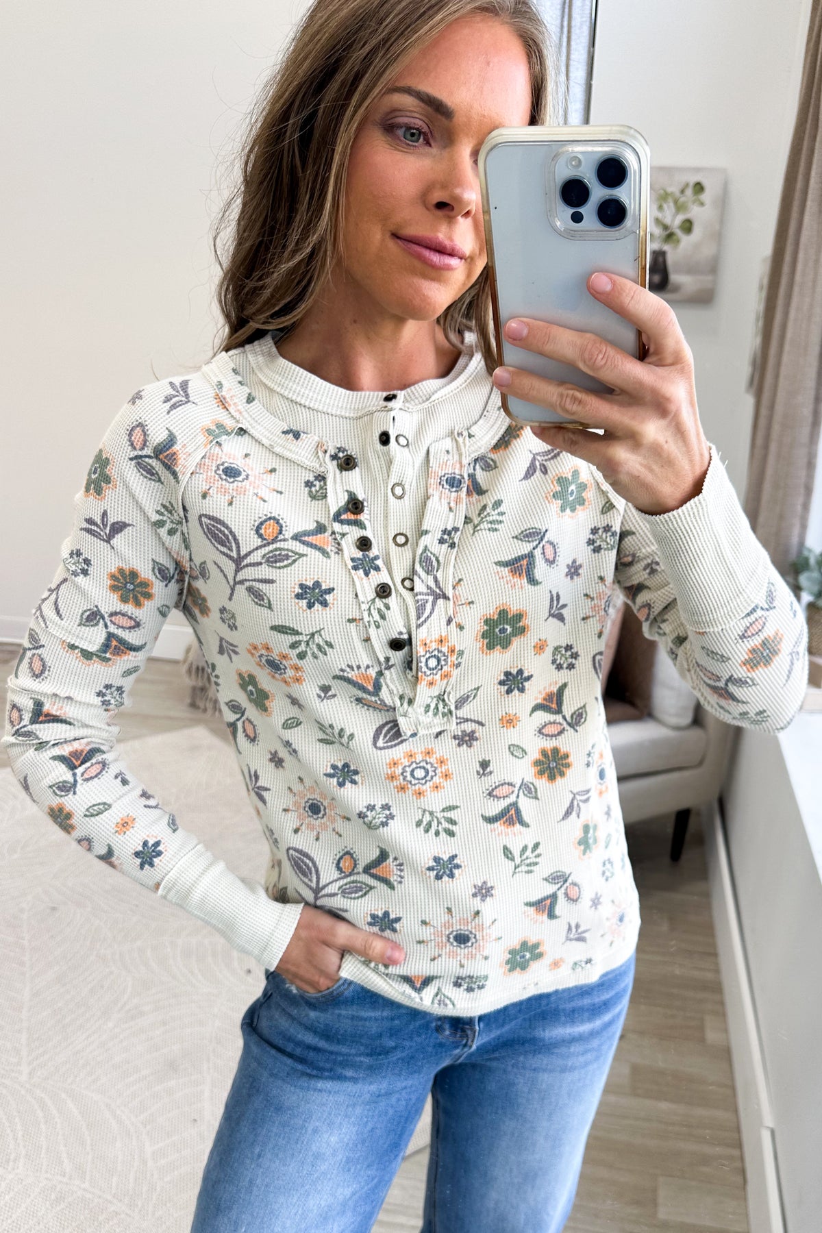 Beige Floral Print Washed Knit Long Sleeve Top