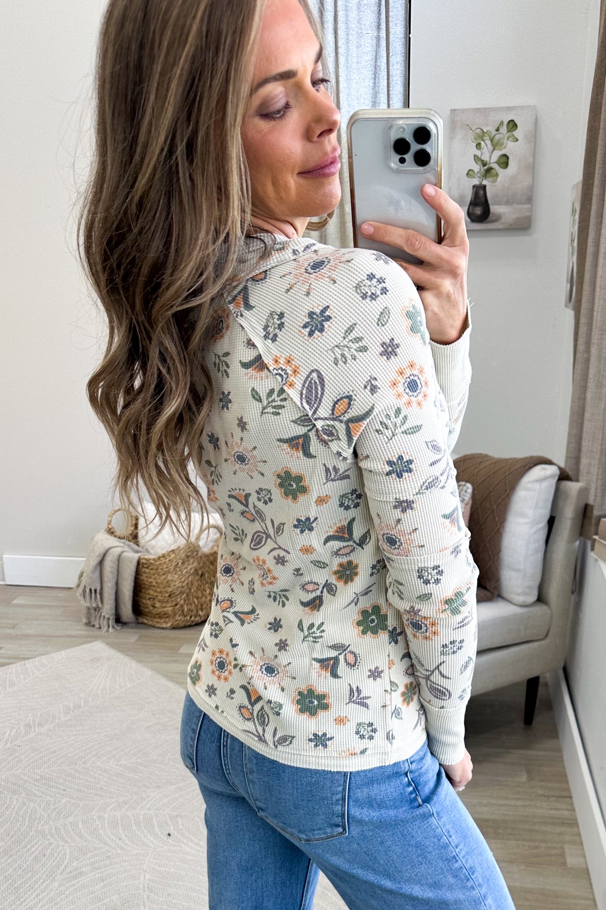 Beige Floral Print Washed Knit Long Sleeve Top