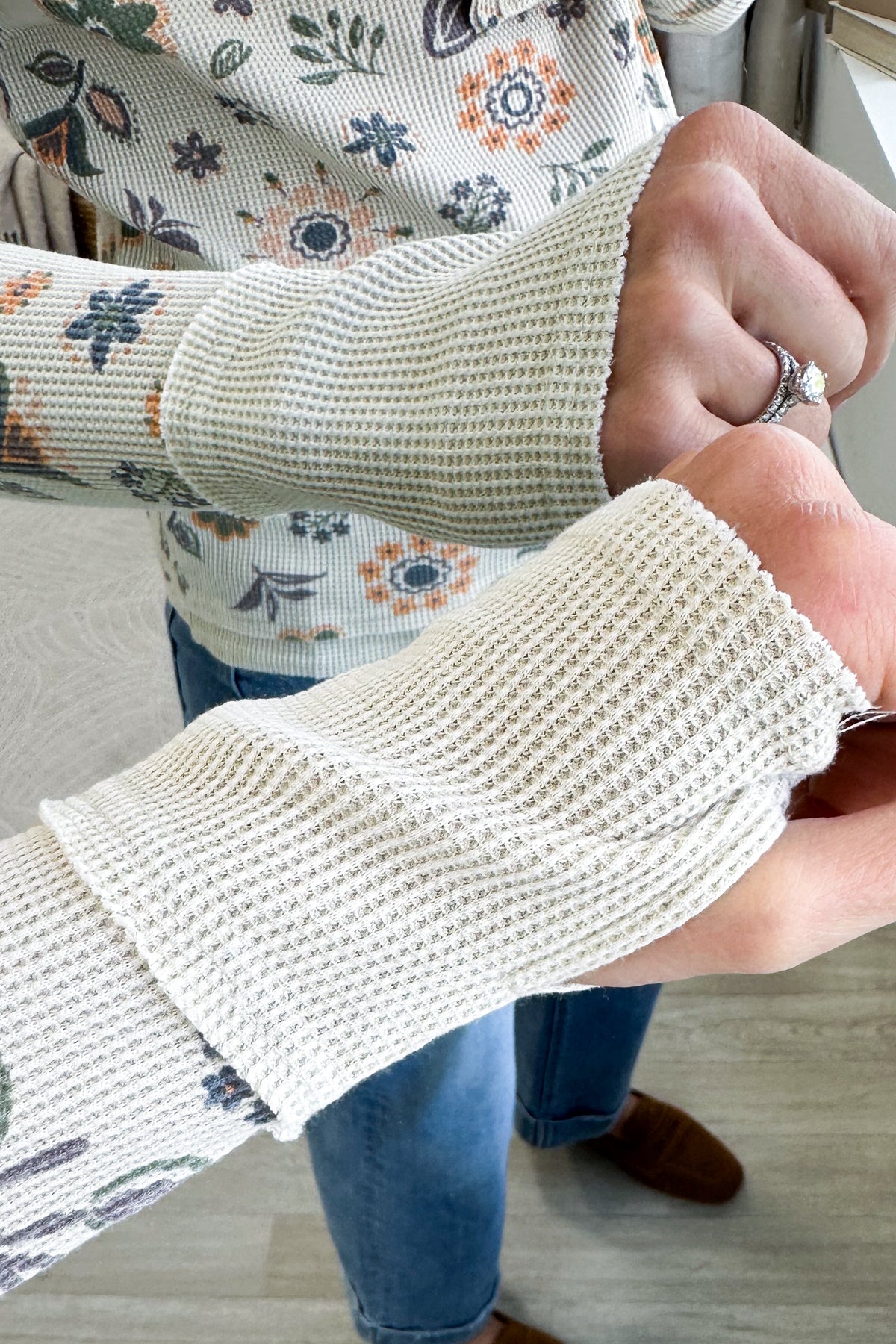 Beige Floral Print Washed Knit Long Sleeve Top