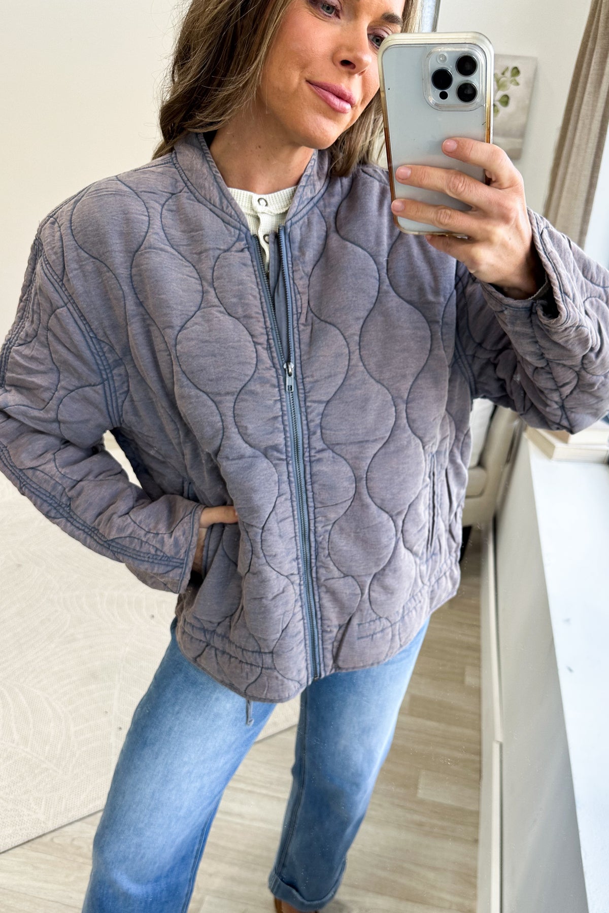 Slate Blue Quilted Bomber Jacket