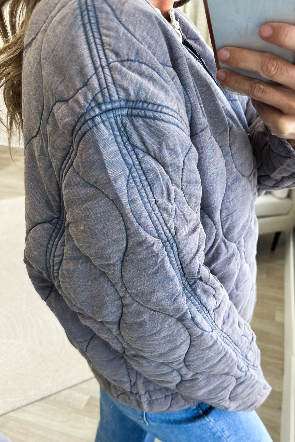 Slate Blue Quilted Bomber Jacket