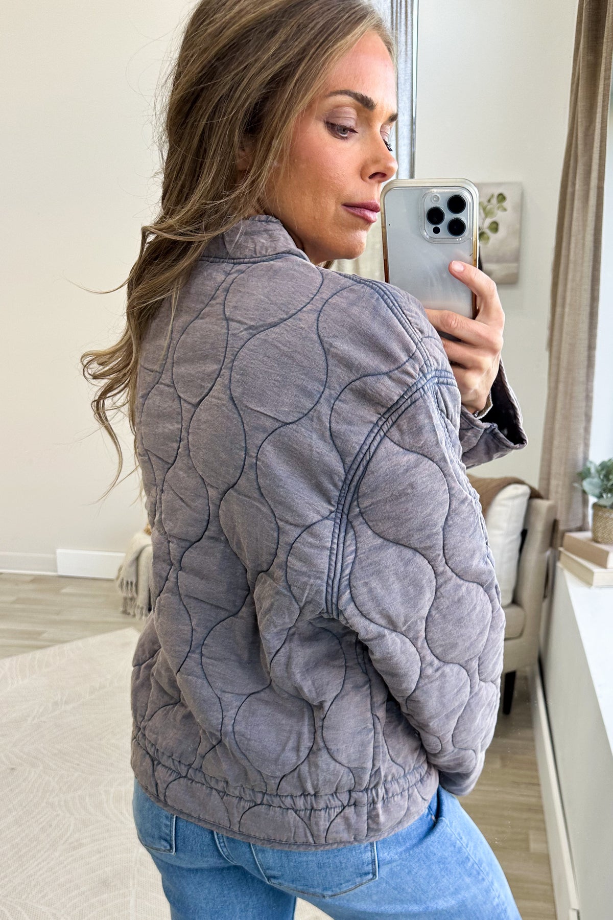 Slate Blue Quilted Bomber Jacket