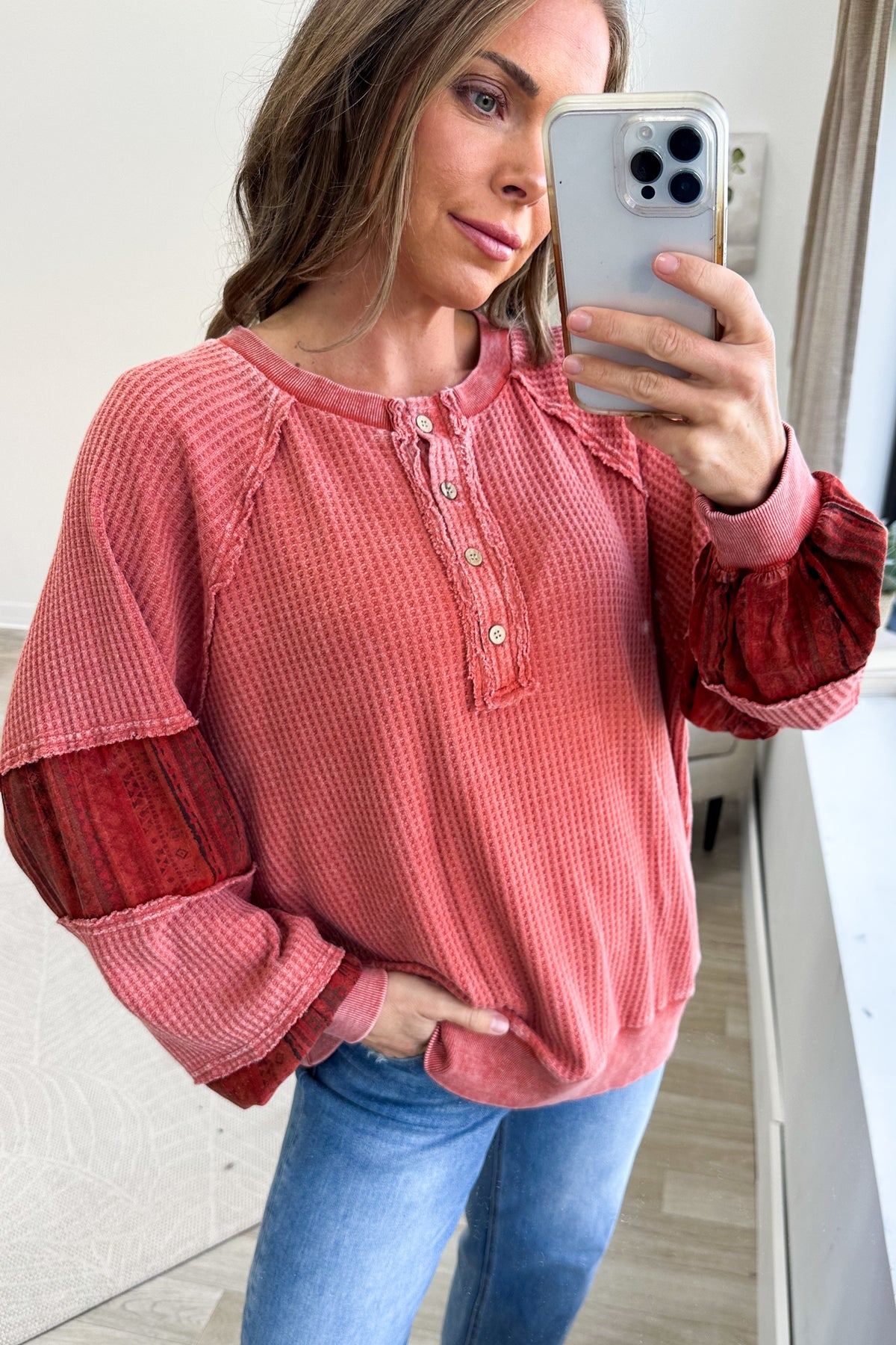 Print Mix Button Front Mineral Thermal Knit Top