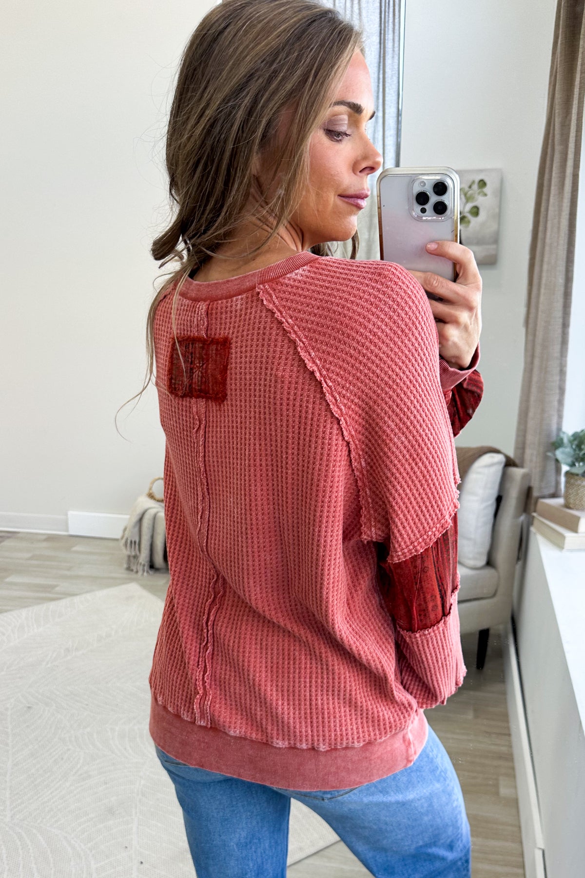 Print Mix Button Front Mineral Thermal Knit Top