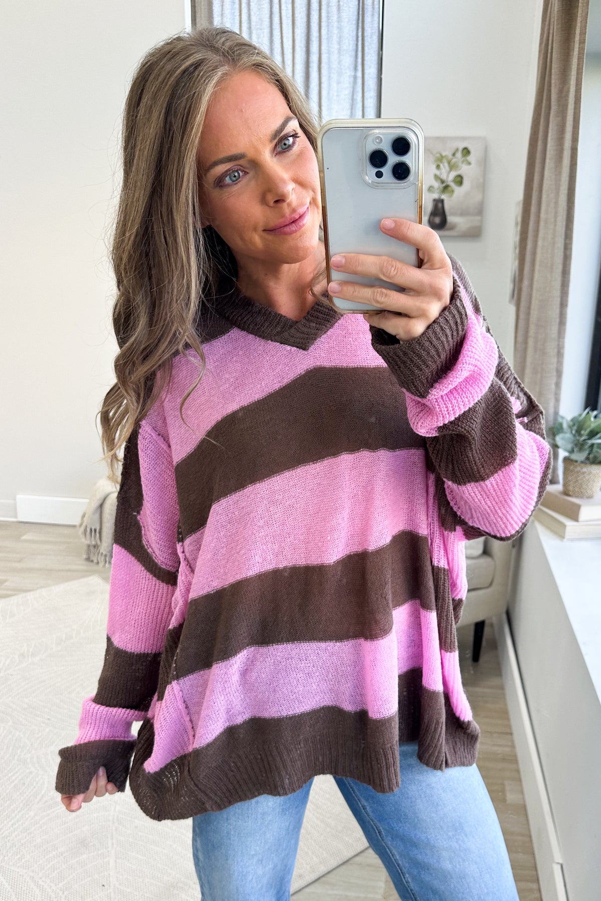Chocolate And Pink Rugby Stripe Sweater Top