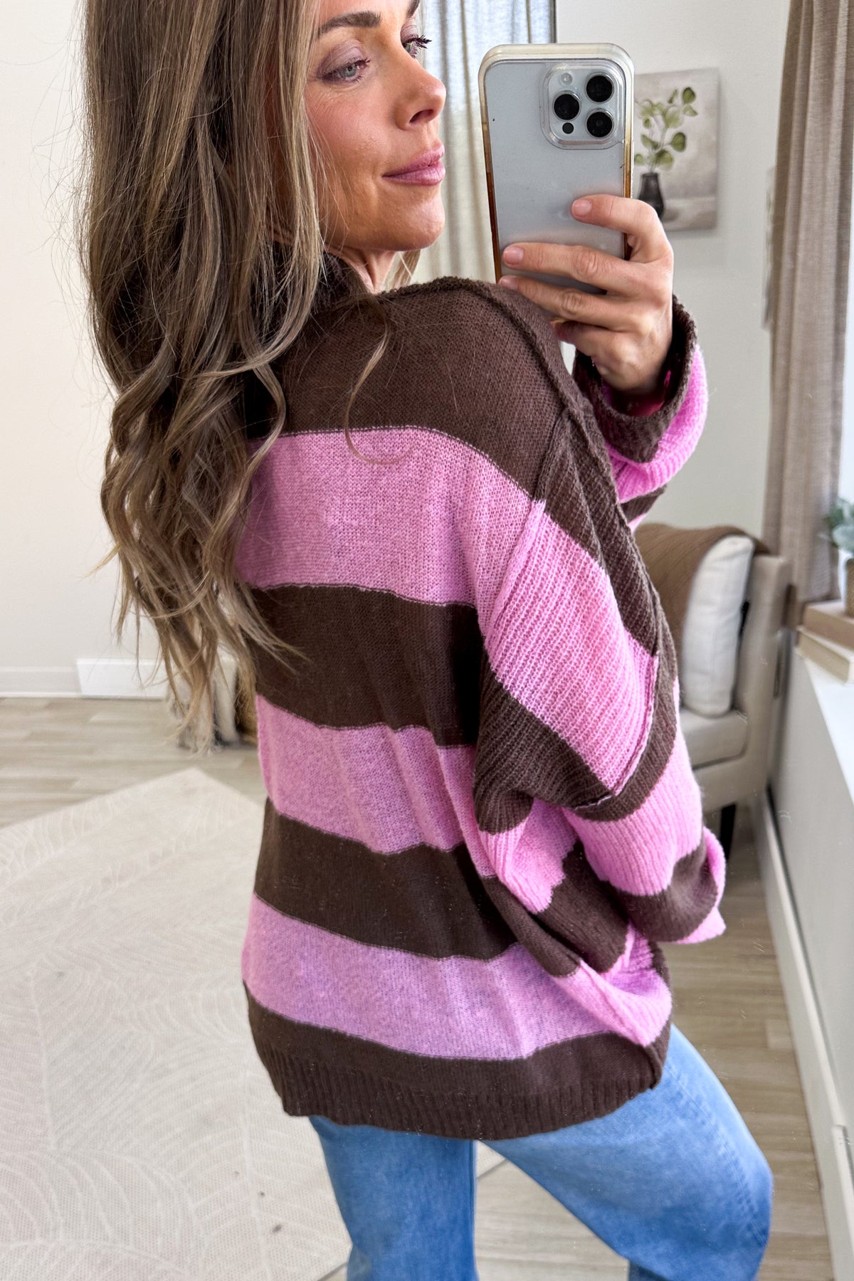 Chocolate And Pink Rugby Stripe Sweater Top