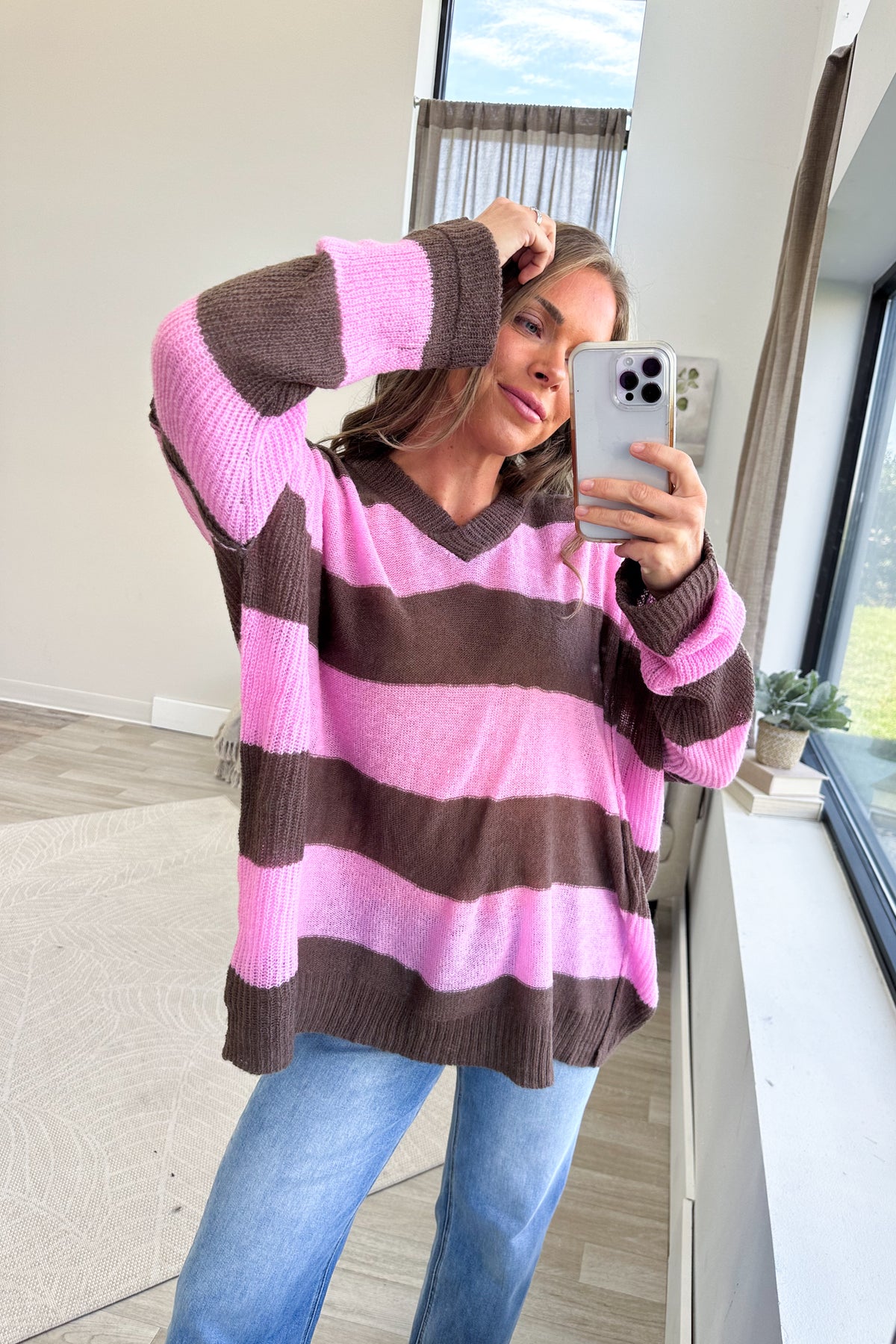 Chocolate And Pink Rugby Stripe Sweater Top
