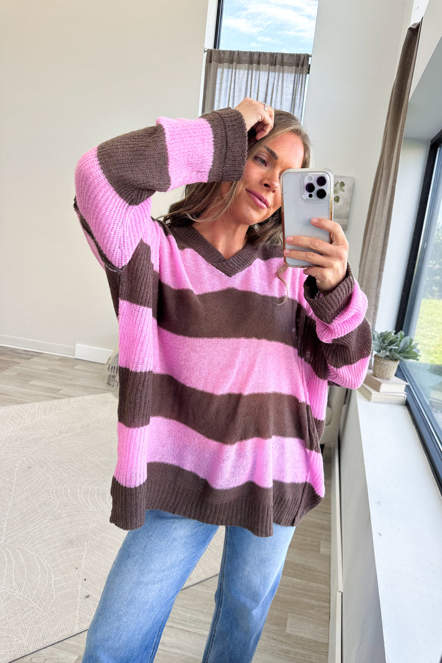 Chocolate And Pink Rugby Stripe Sweater Top