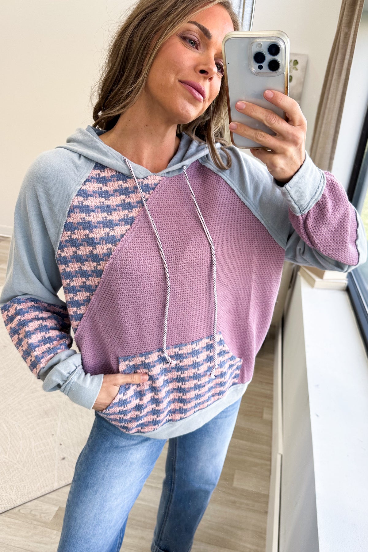 Dusty Blue Mix Media Terry Knit Hoodie