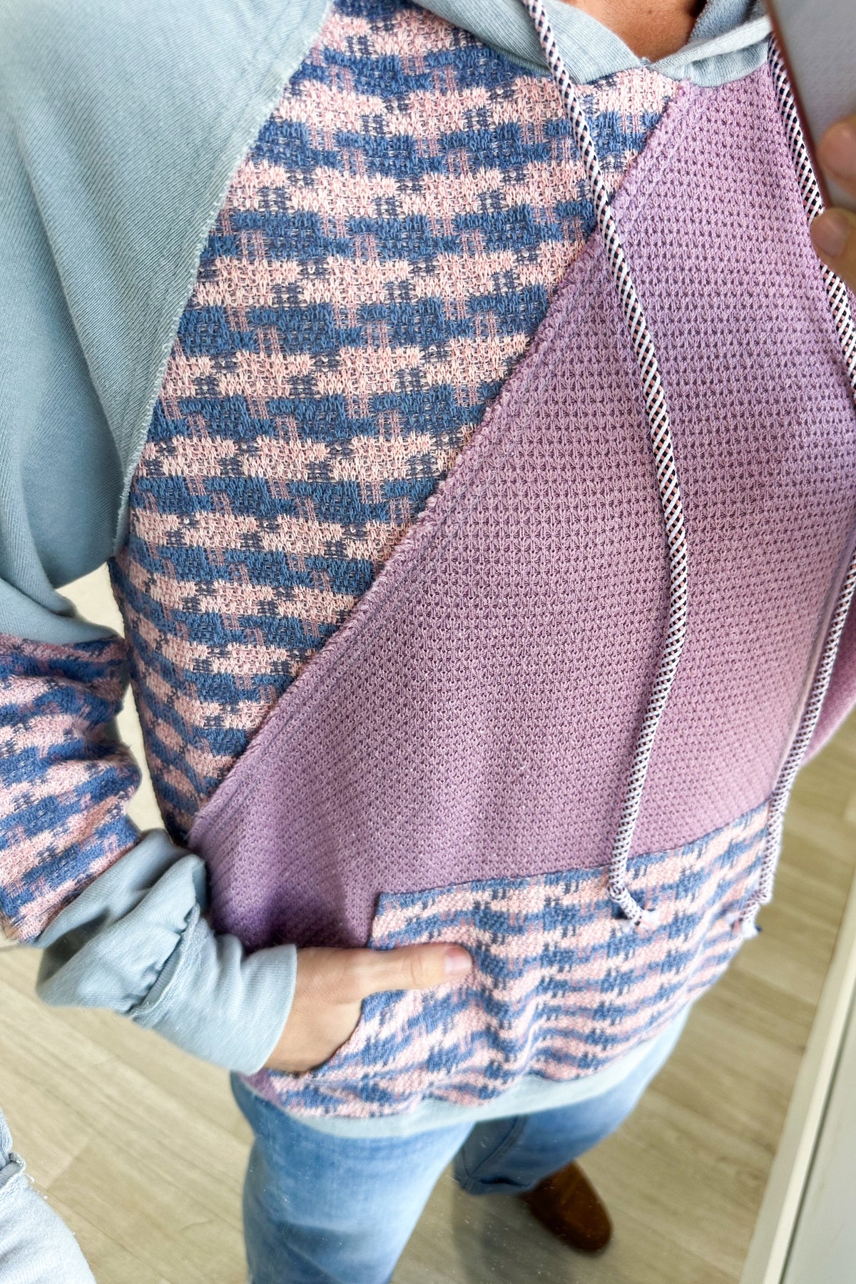 Dusty Blue Mix Media Terry Knit Hoodie