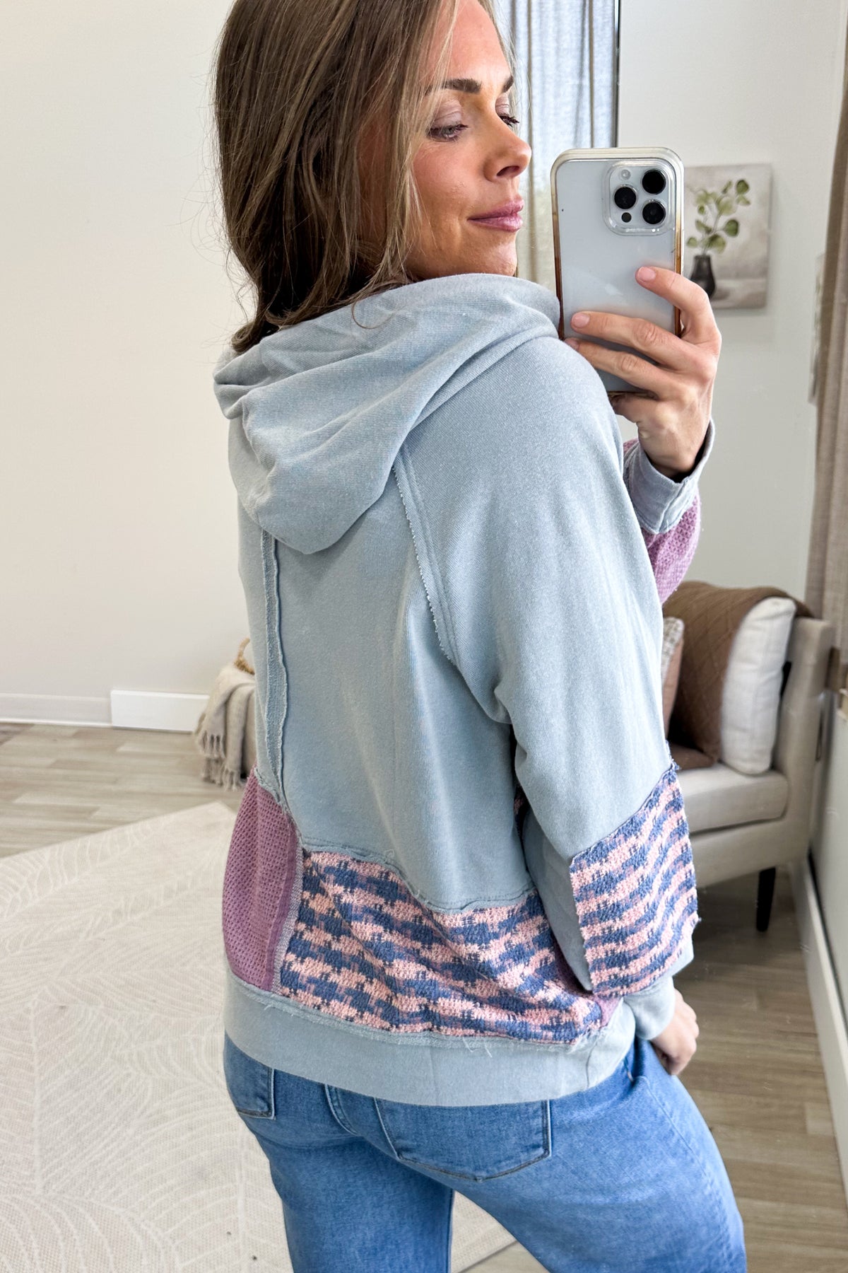 Dusty Blue Mix Media Terry Knit Hoodie