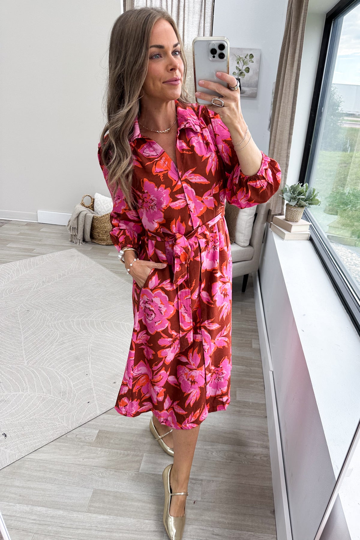 Pink Floral Long Sleeve Belted Midi Dress