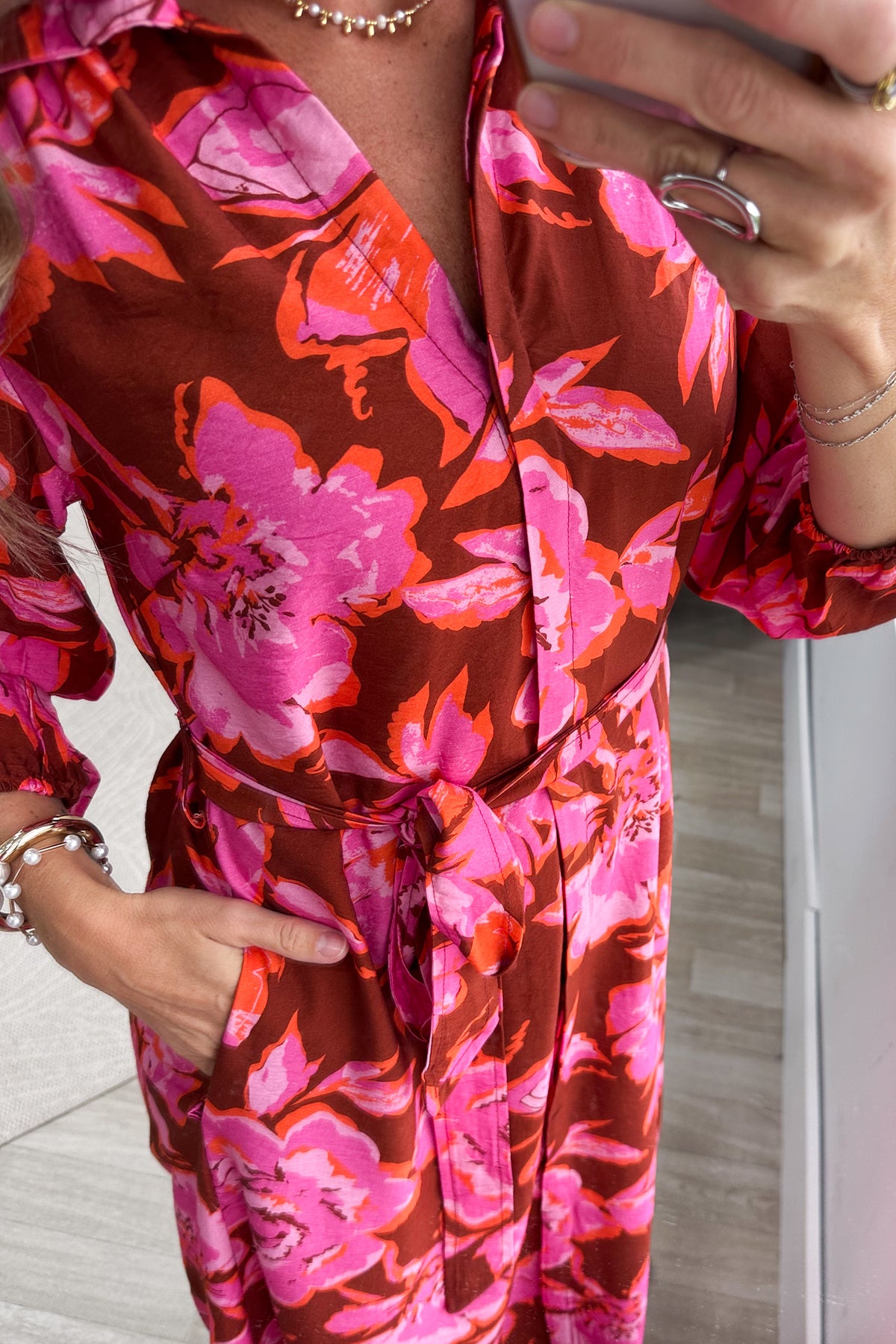 Pink Floral Long Sleeve Belted Midi Dress