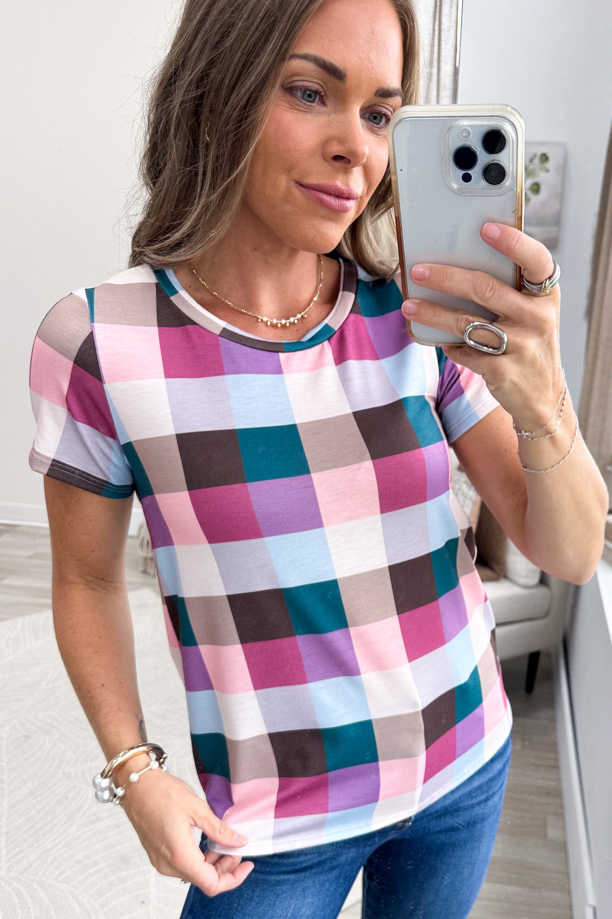 Berry Checkered Short Sleeve Knit Top