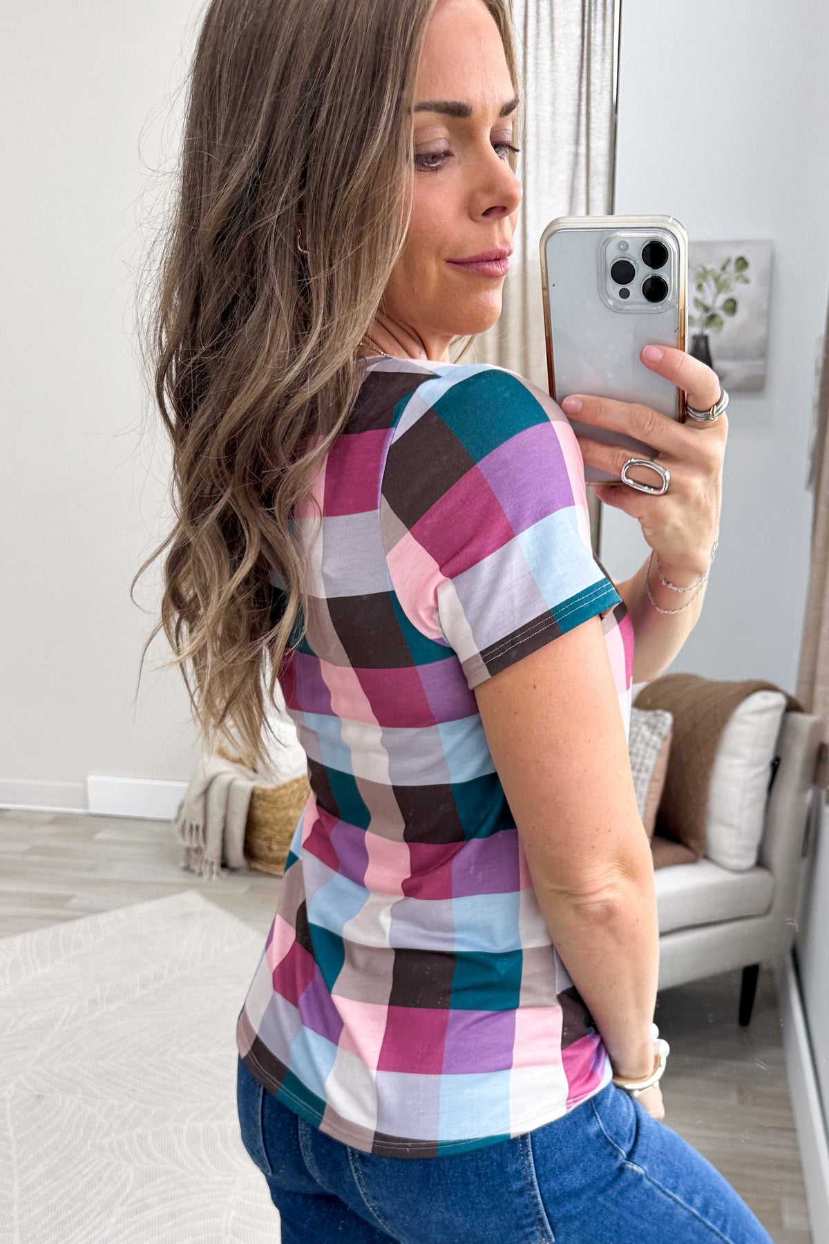 Berry Checkered Short Sleeve Knit Top