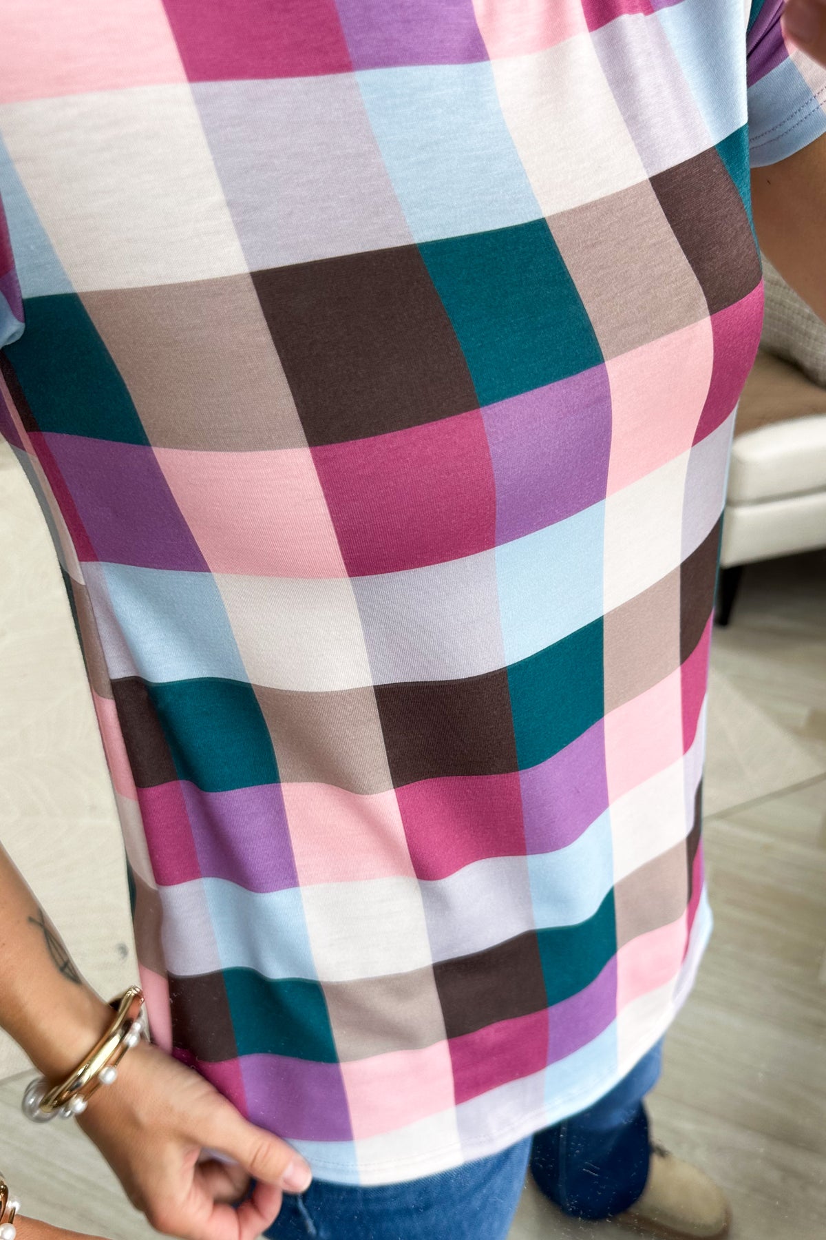 Berry Checkered Short Sleeve Knit Top