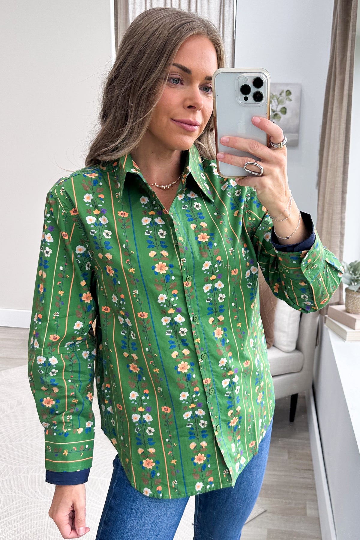 Green Floral And Stripe Pattern Button Top
