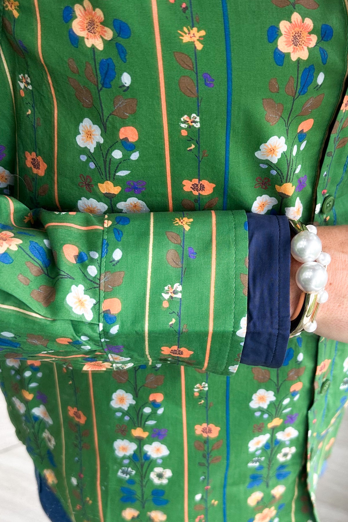 Green Floral And Stripe Pattern Button Top