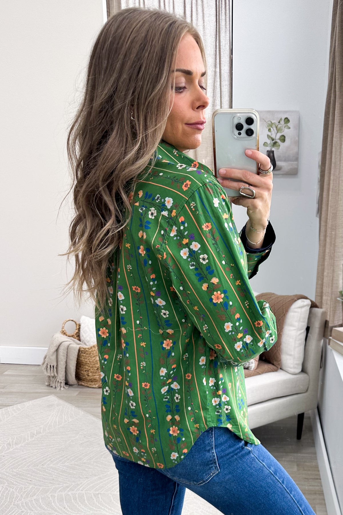Green Floral And Stripe Pattern Button Top