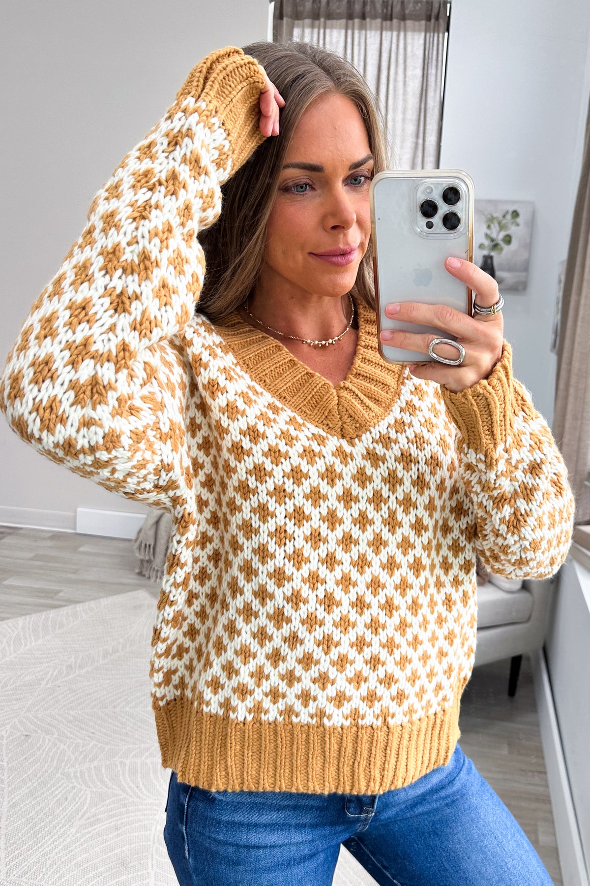 Dusty Mustard And Ivory V-Neck Print Knit Sweater