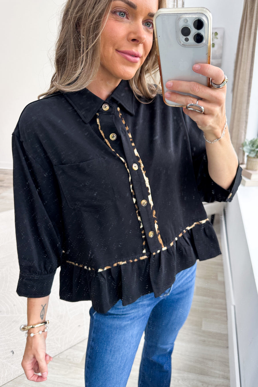 Black With Cheetah Print Trim Drop Waist Button Up Top
