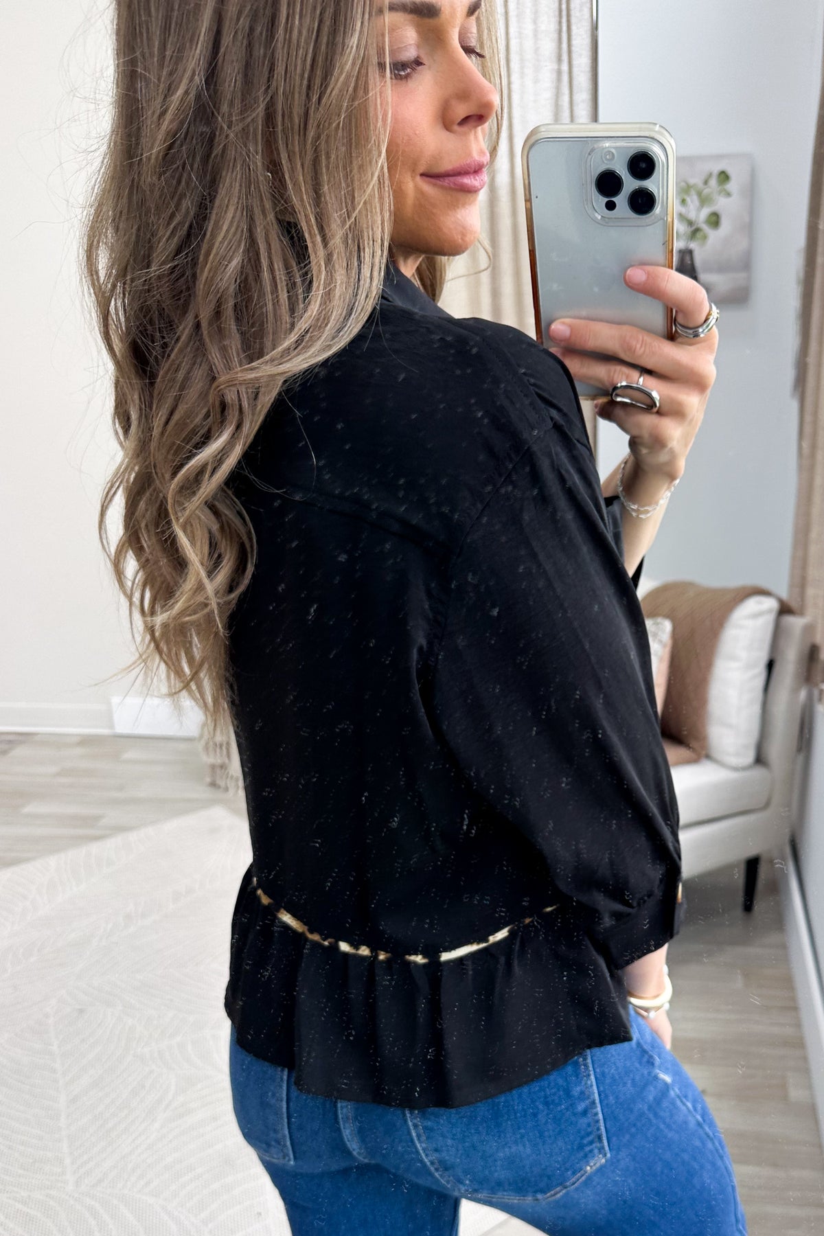 Black With Cheetah Print Trim Drop Waist Button Up Top