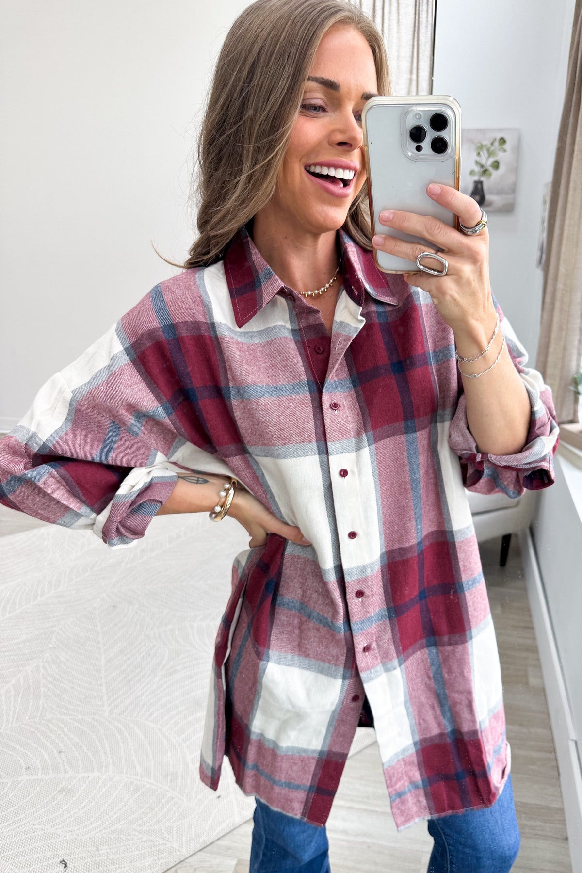 Burgundy Long Plaid Button Up Top
