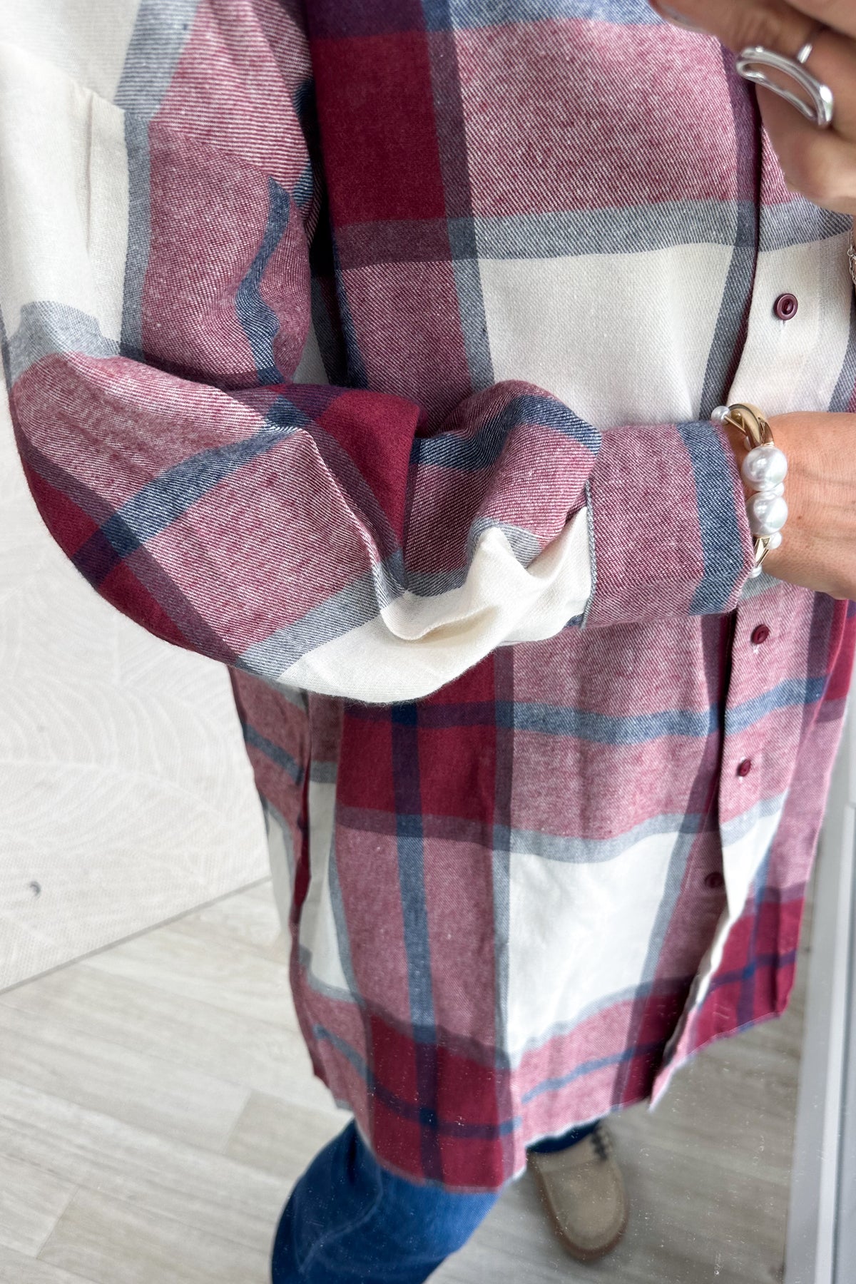 Burgundy Long Plaid Button Up Top